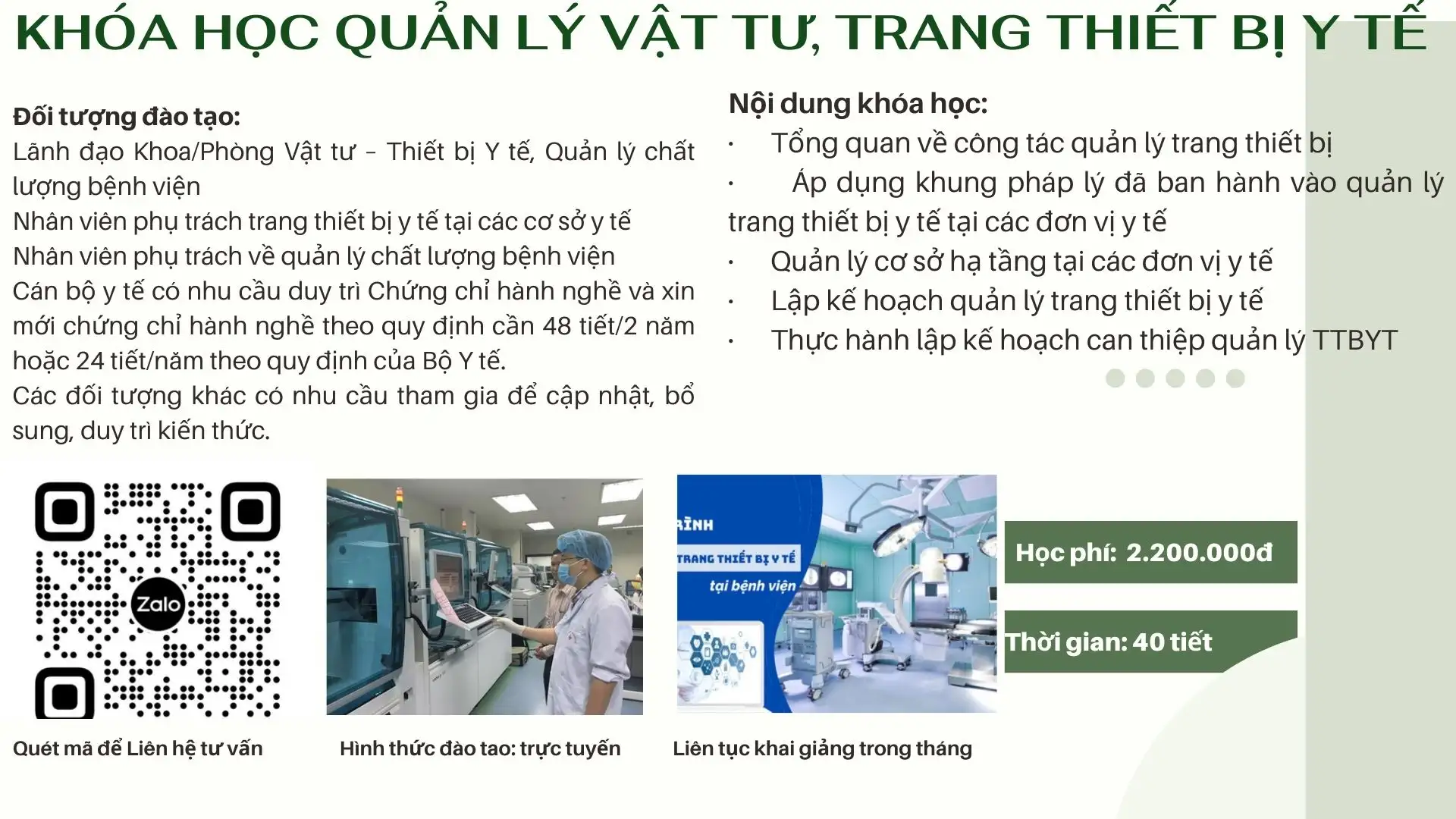 KHÓA HỌC QUẢN LÝ VẬT TƯ, TRANG THIẾT BỊ Y TẾ